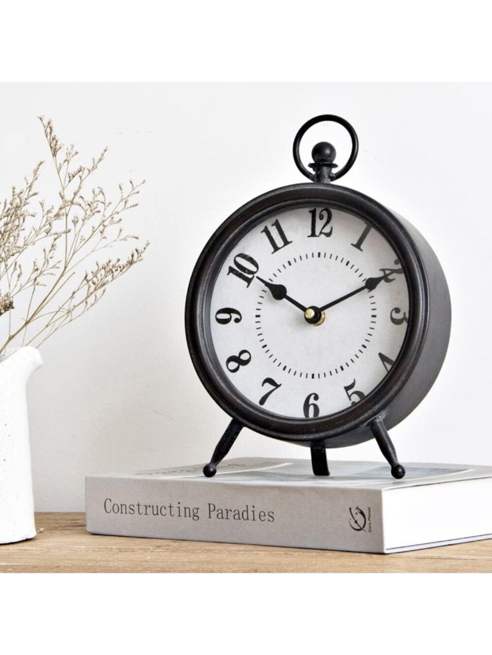 Vintage Black Decorative Table Clock on Stand | Rustic Non-Ticking Desk & Shelf
